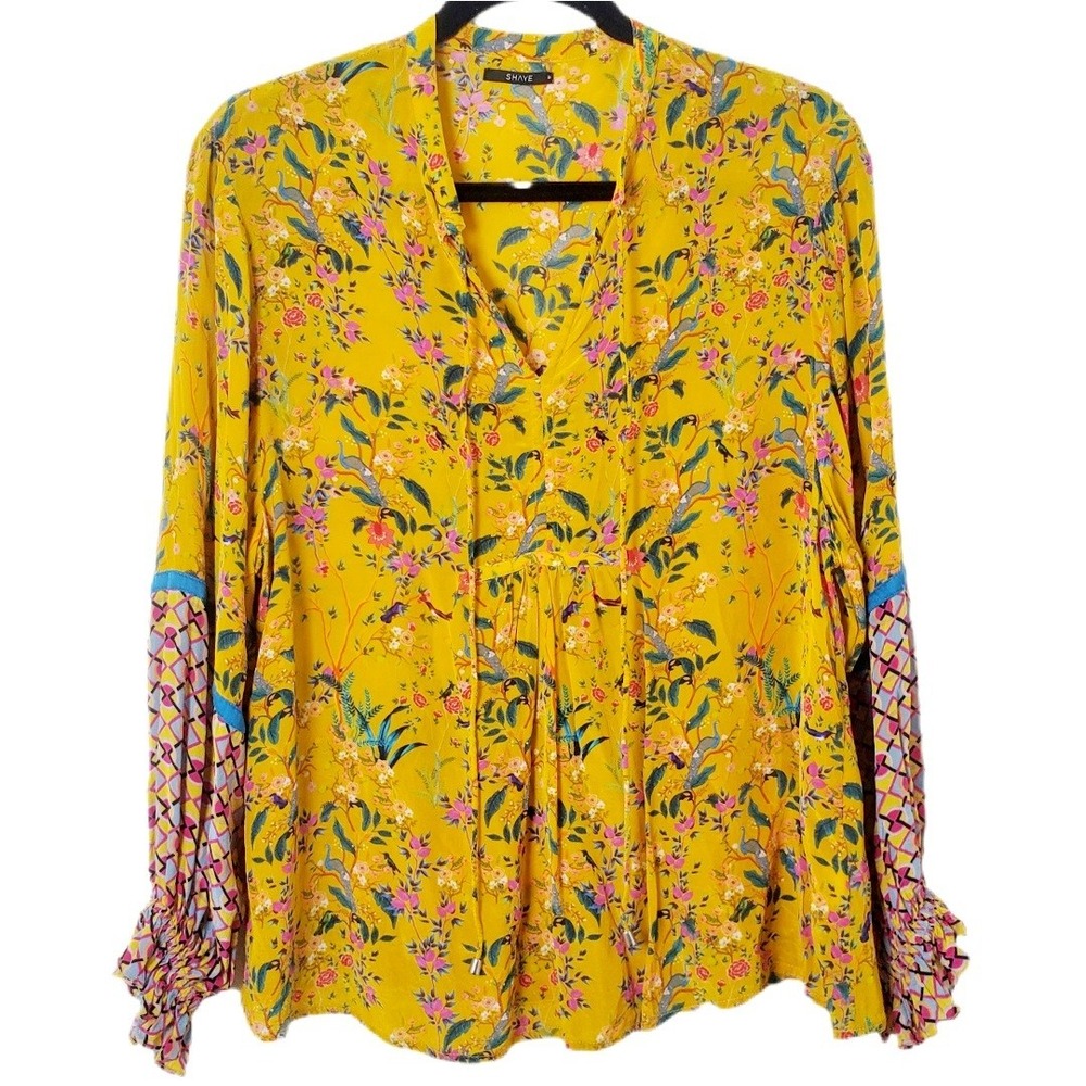 Shaye Goldenrod Yellow Floral Peacock Birds Print Peasant Top Blouse Size Medium